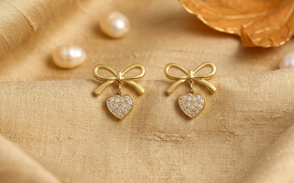 22k Gold-Plated Bow Stud Earrings With Pavé Crystal Heart Dangle Accent