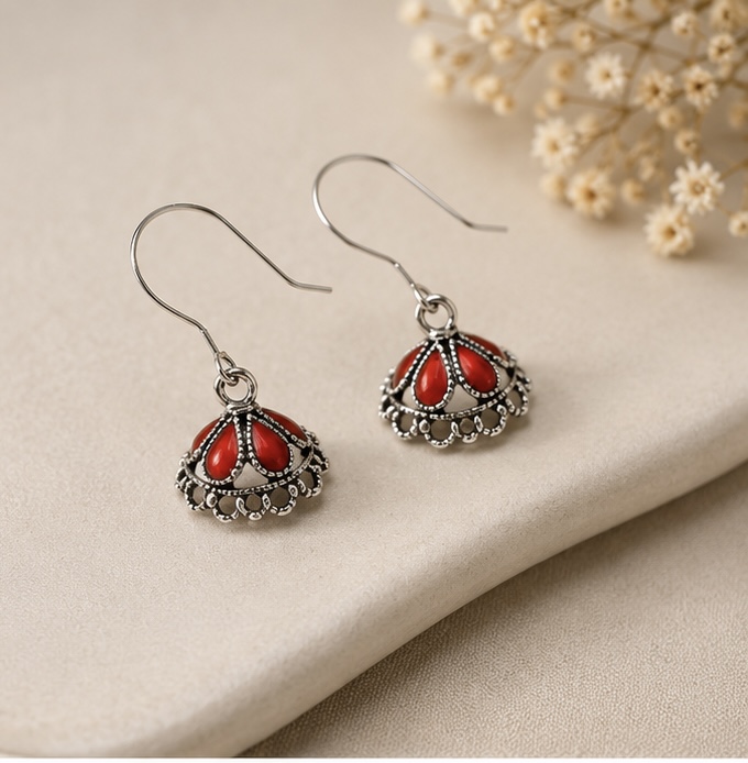 Red Stone Oxidised Jhumka Earrings