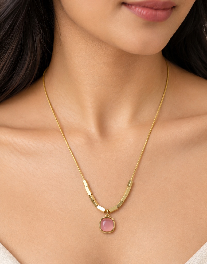 18k Gold-Pated Stainless Steel Pink Cushion Pendant Necklace