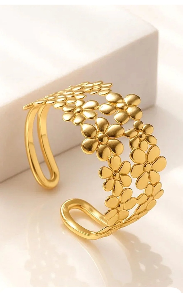 Floral Open Work - Wide Cuff - Adjustable Bracelet Bangle