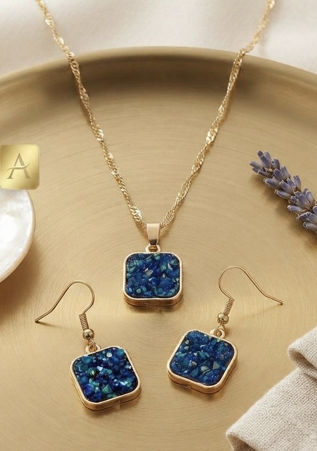 Deep Blue Druzy Square Necklace & Earring Set