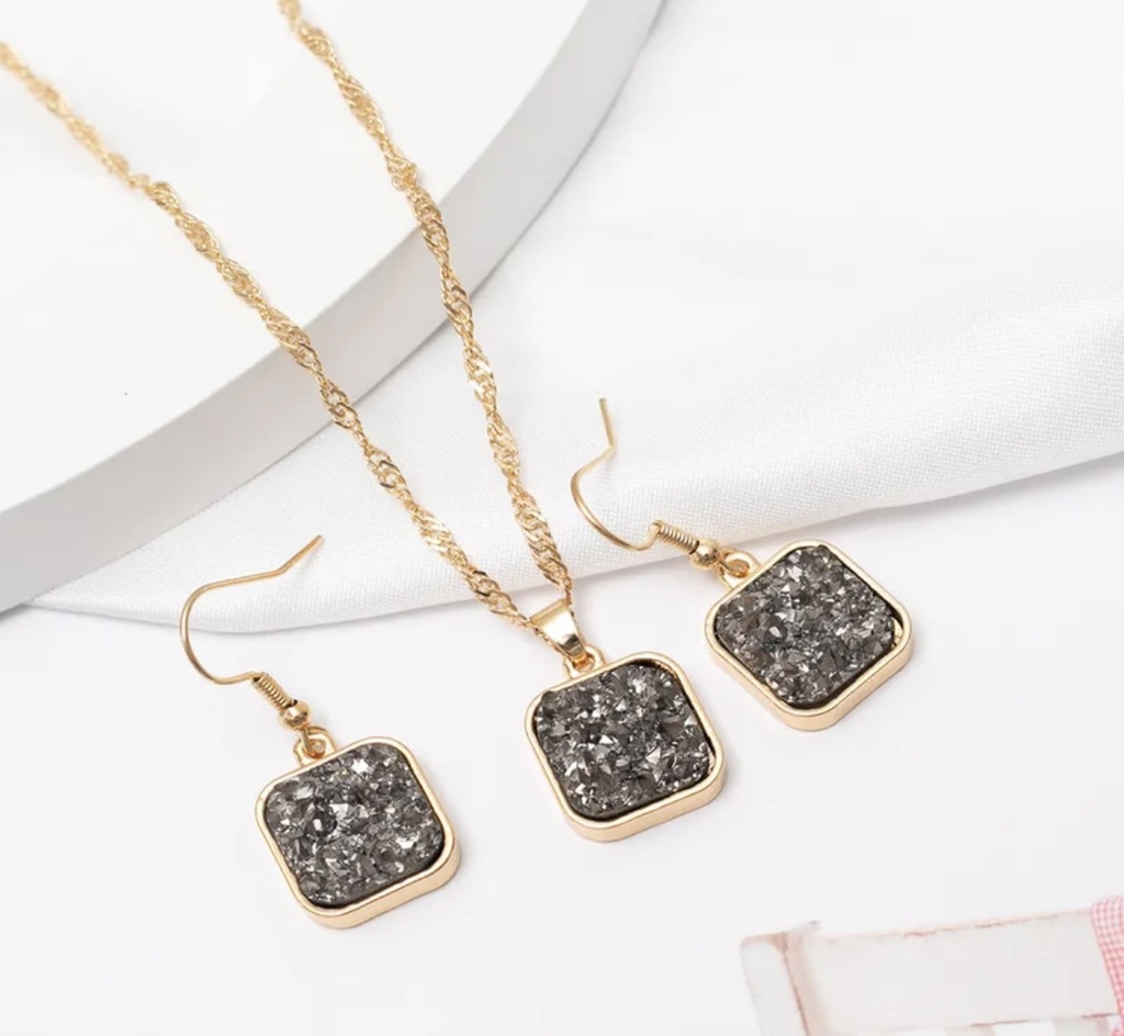Midnight Shimmer Grey Druzy Square Necklace & Earring Set