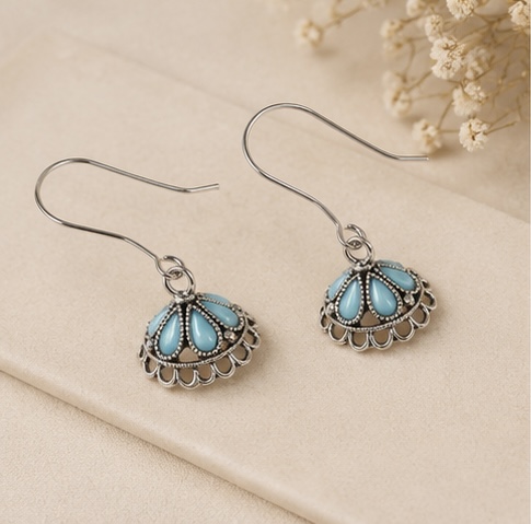Sky Blue Stone Oxidised Jhumka Earrings