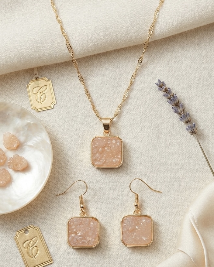 Blush Peach Druzy Square Necklace & Earring Set