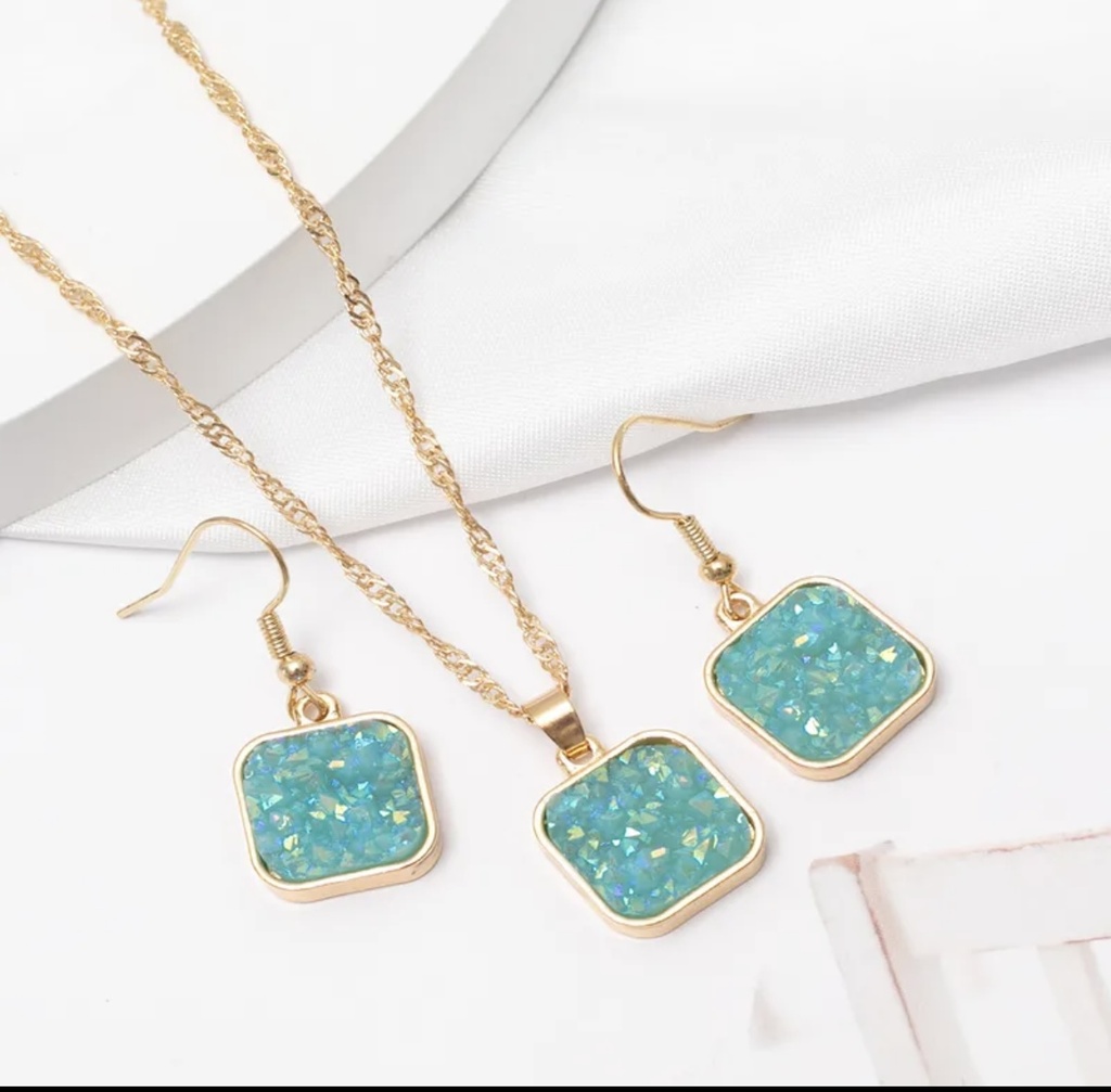 Turquoise Radiance Square Druzy Necklace & Earring Set
