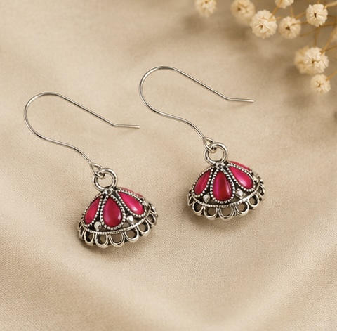 Pink Stone Oxidised Jhumka Earrings