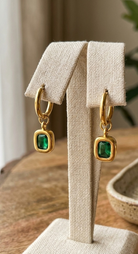 22K Gold-Plated Emerald Solitaire Huggie Drop Earrings