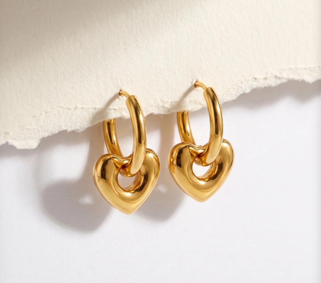 22k Gold-Plated Gold Heart Hoop Drop Earrings