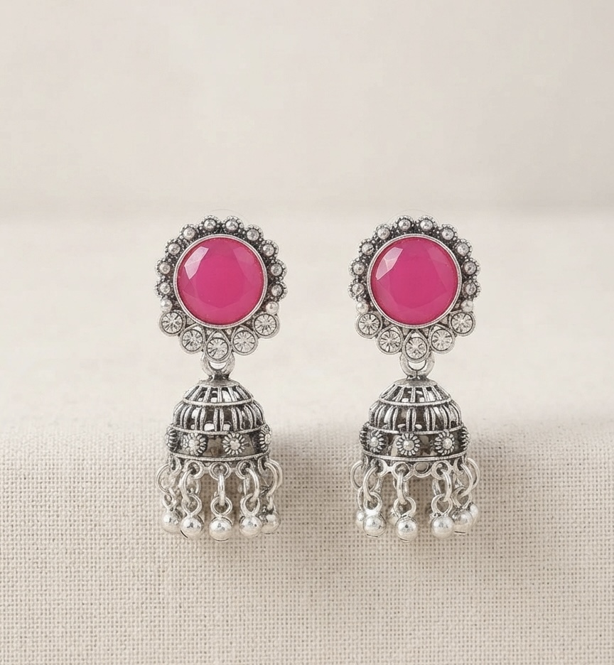 Pink Stone Oxidised Jhumka