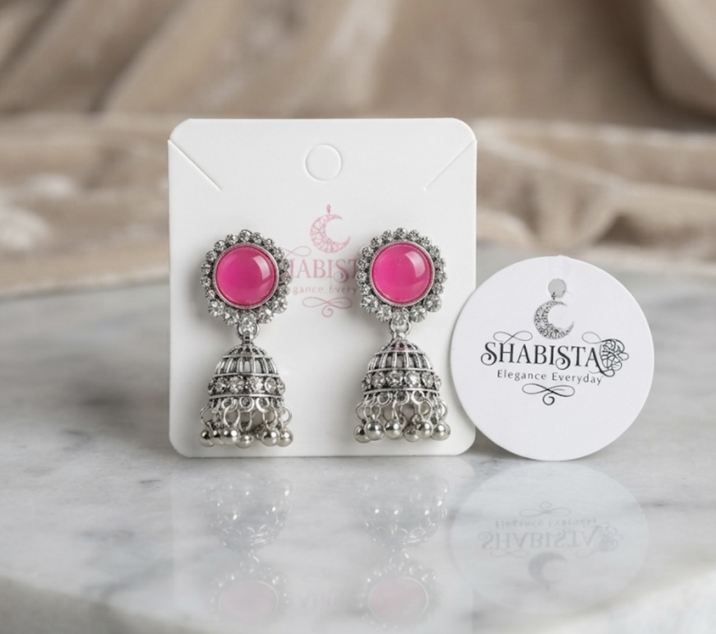 Pink Stone Oxidised Jhumka