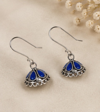Royal Blue Stone Oxidised Jhumka Earrings