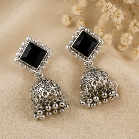Black Square Stone Oxidised Jhumka Earrings