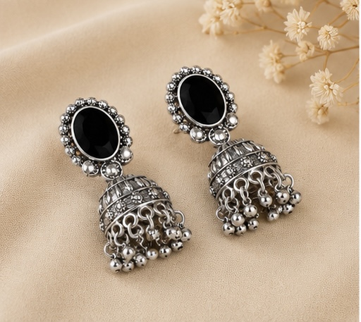 Black Oval Stone Oxidised Jhumka Earrings