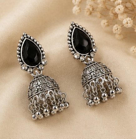 Black Teardrop Stone Oxidised Jhumka Earrings