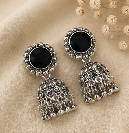 Black Round Stone Oxidised Jhumka Earrings