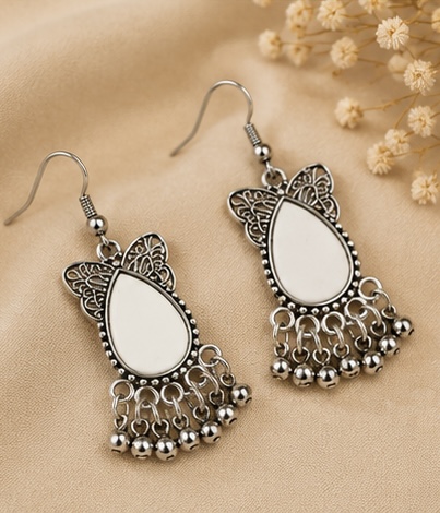 White Teardrop Mirror Butterfly Oxidised Dangle Earrings