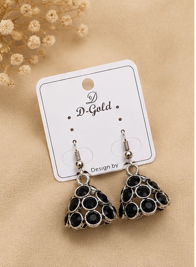 Black Round Stone Oxidised Dome Jhumka Earrings