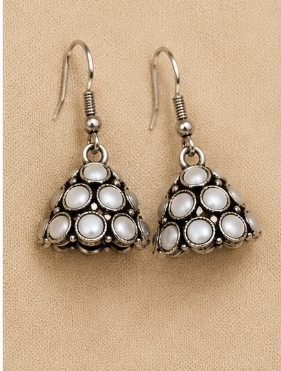 White Pearl Oxidised Dome Jhumka Earrings