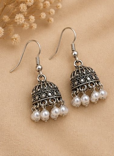 Elegant Oxidized Silver Pearl Jhumkas