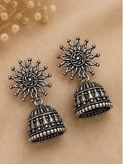 Radiant Sunburst Oxidized Silver Jhumkas