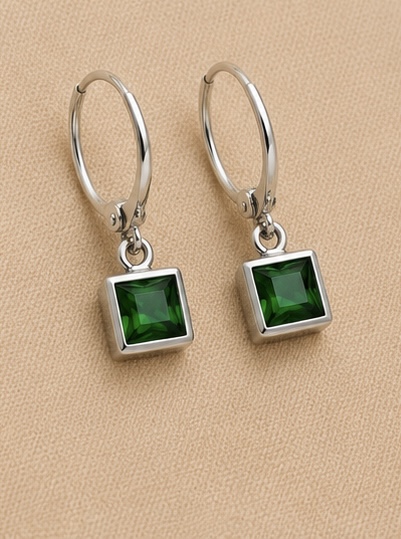 Silver Square Hoop Earrings – Emerald Green